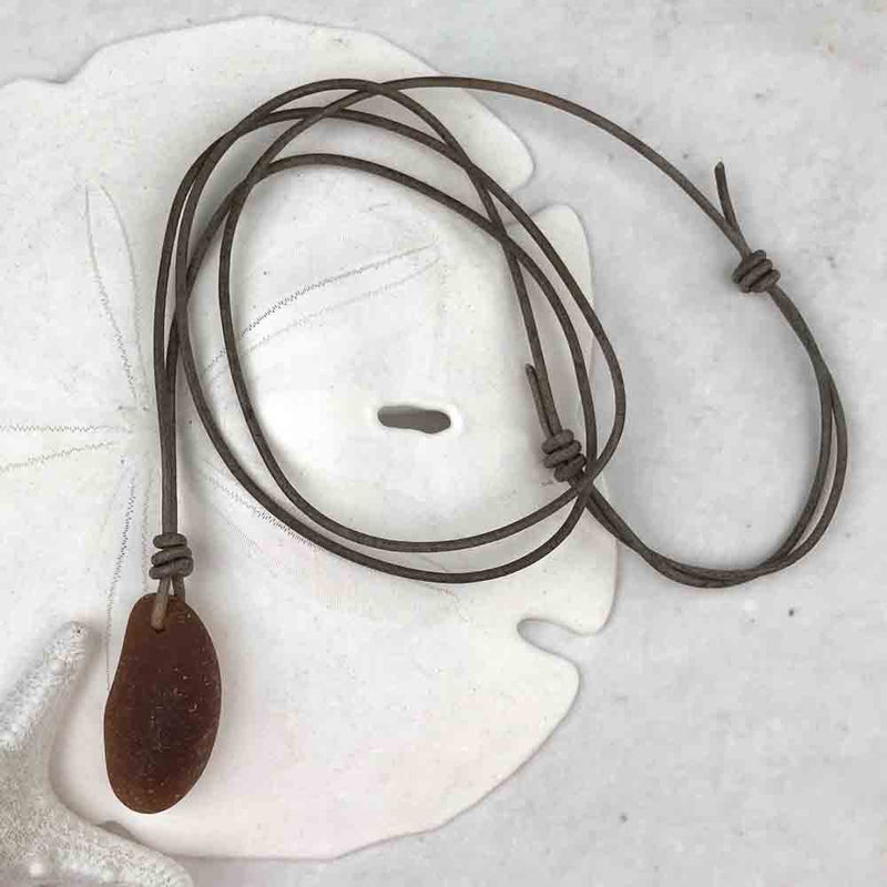 Tapered Bright Amber Sea Glass Leather Necklace  - it&